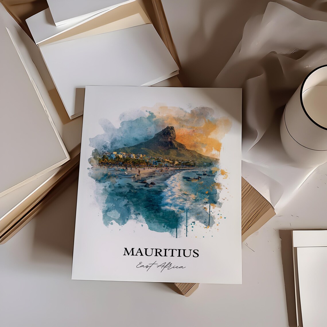 Mauritius East Africa Mountain Beach Coast Watercolor Travel Poster - Image 3