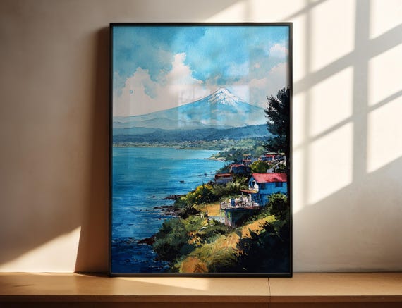 Puerto Varas Watercolor Art Chile Travel Print Artwork Decor Lake Llanquihue Wall