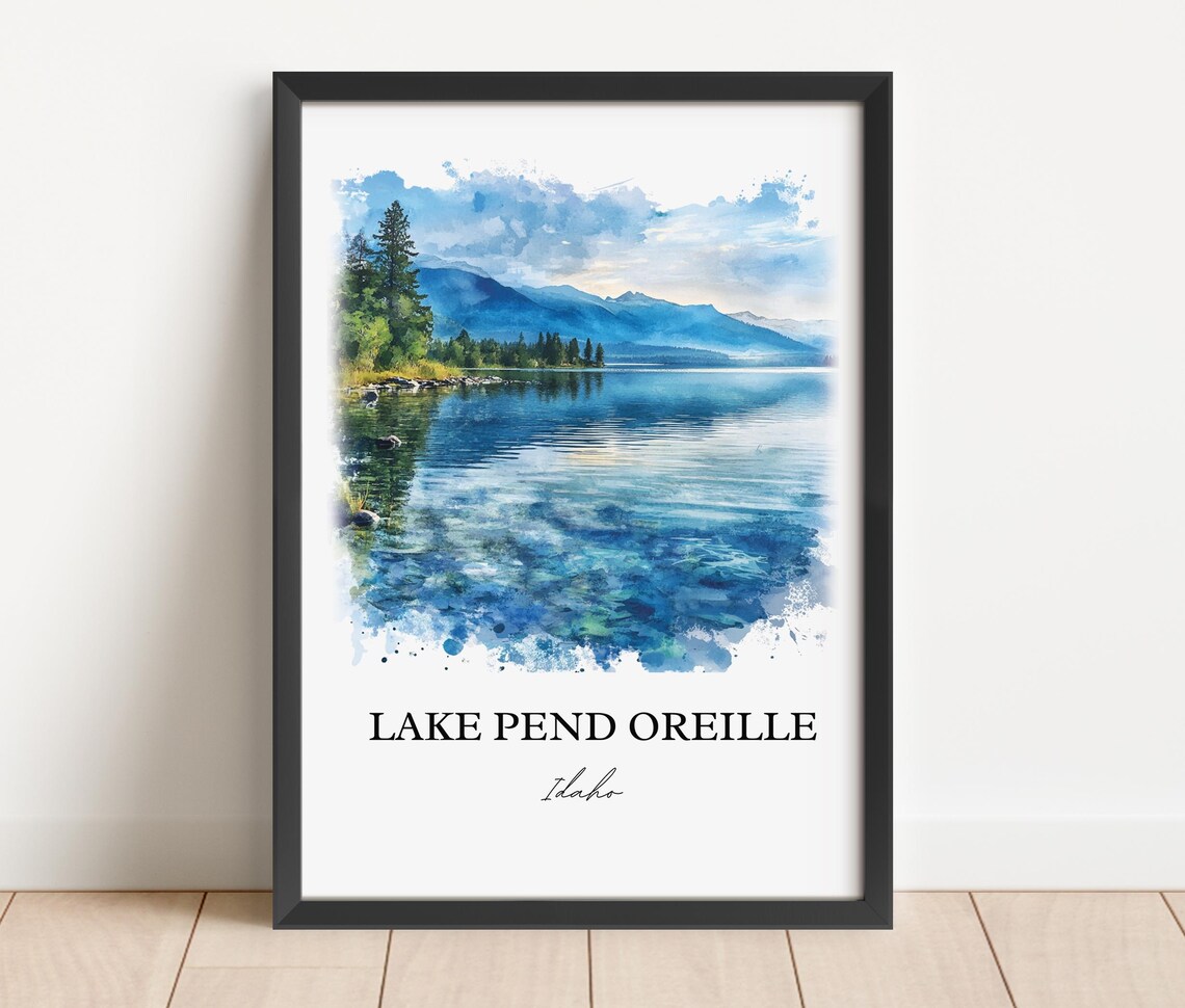 Lake Pend Oreille Idaho Watercolor Lake Landscape Travel Poster - Image 3