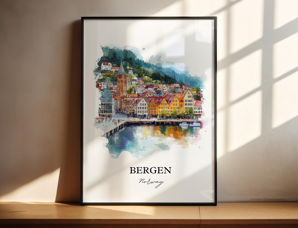 Bergen Norway Colorful Wharf Houses Watercolor Travel Poster