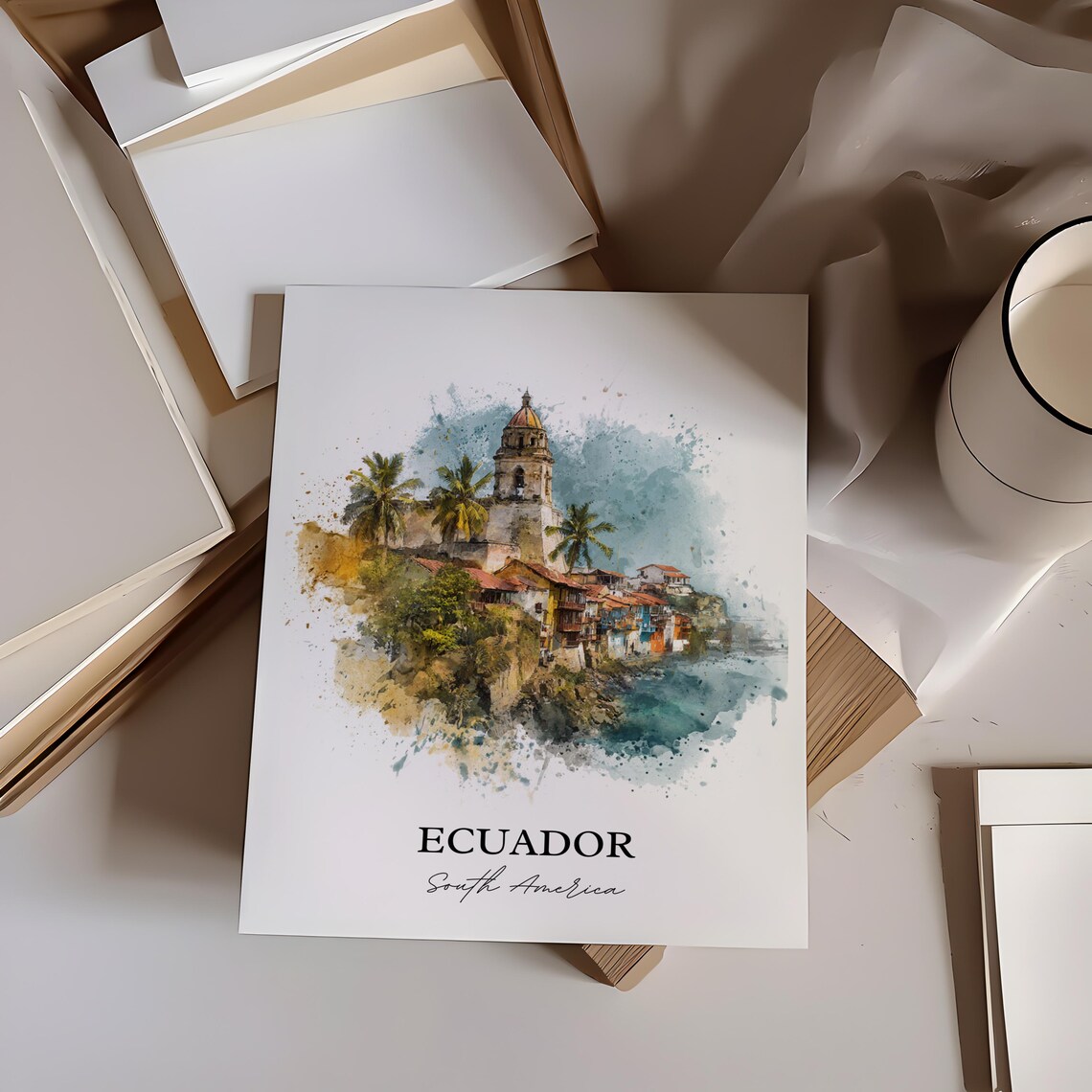 Ecuador Watercolor Coastal Village Hilltop Church Travel Poster - Image 2