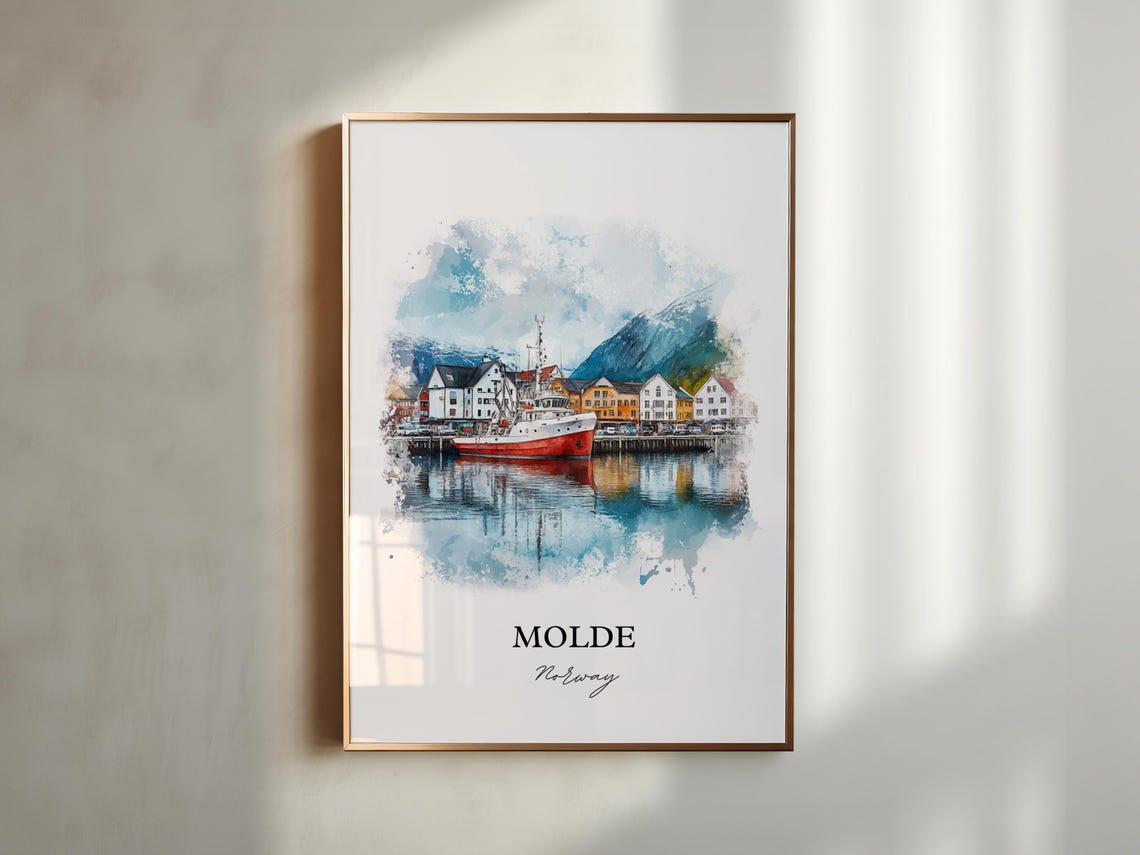 Molde Norway Watercolor Harbor Ship Mountain View Travel Poster - Image 5