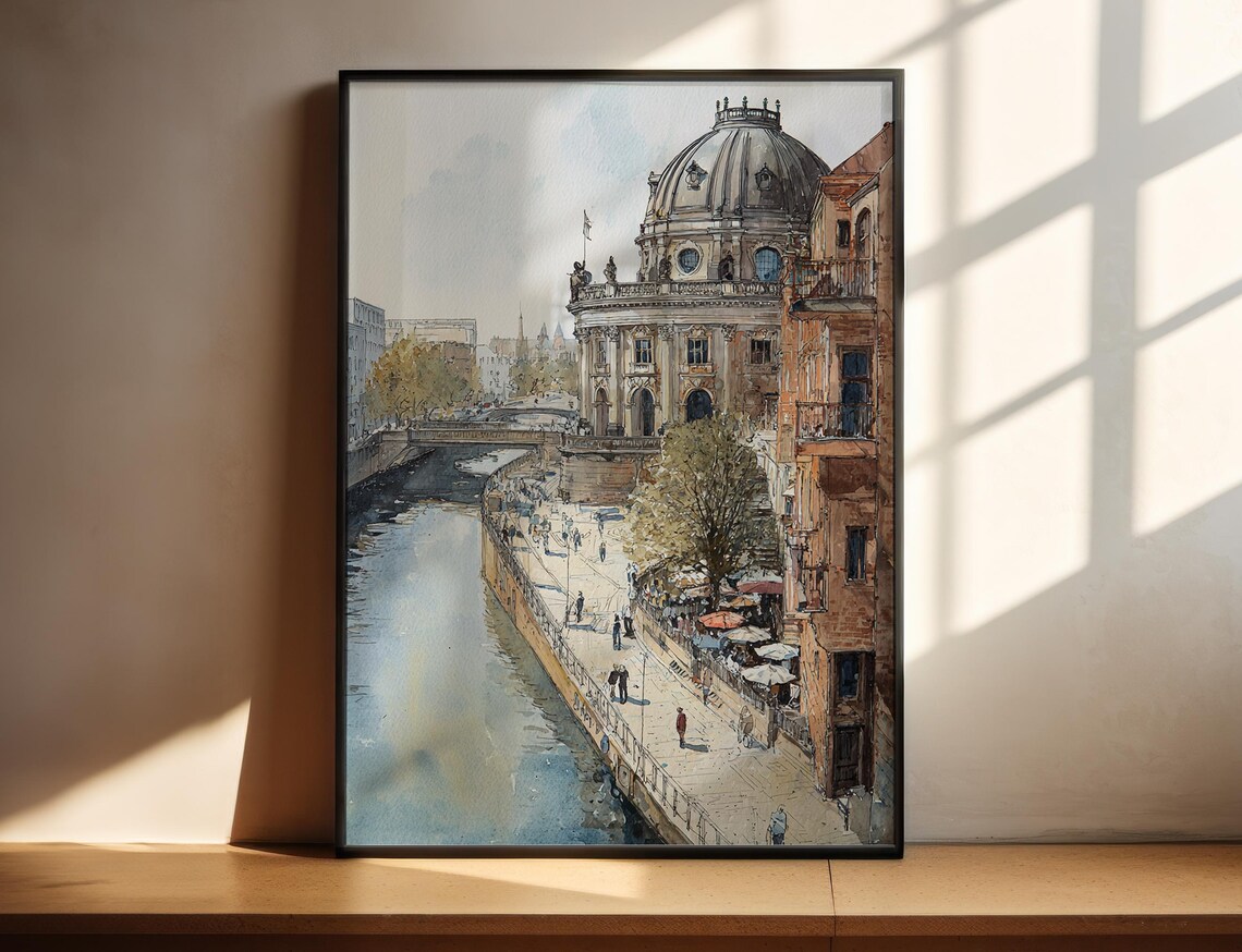 Berlin Cathedral Riverside Watercolor Painting Germany Travel Poster