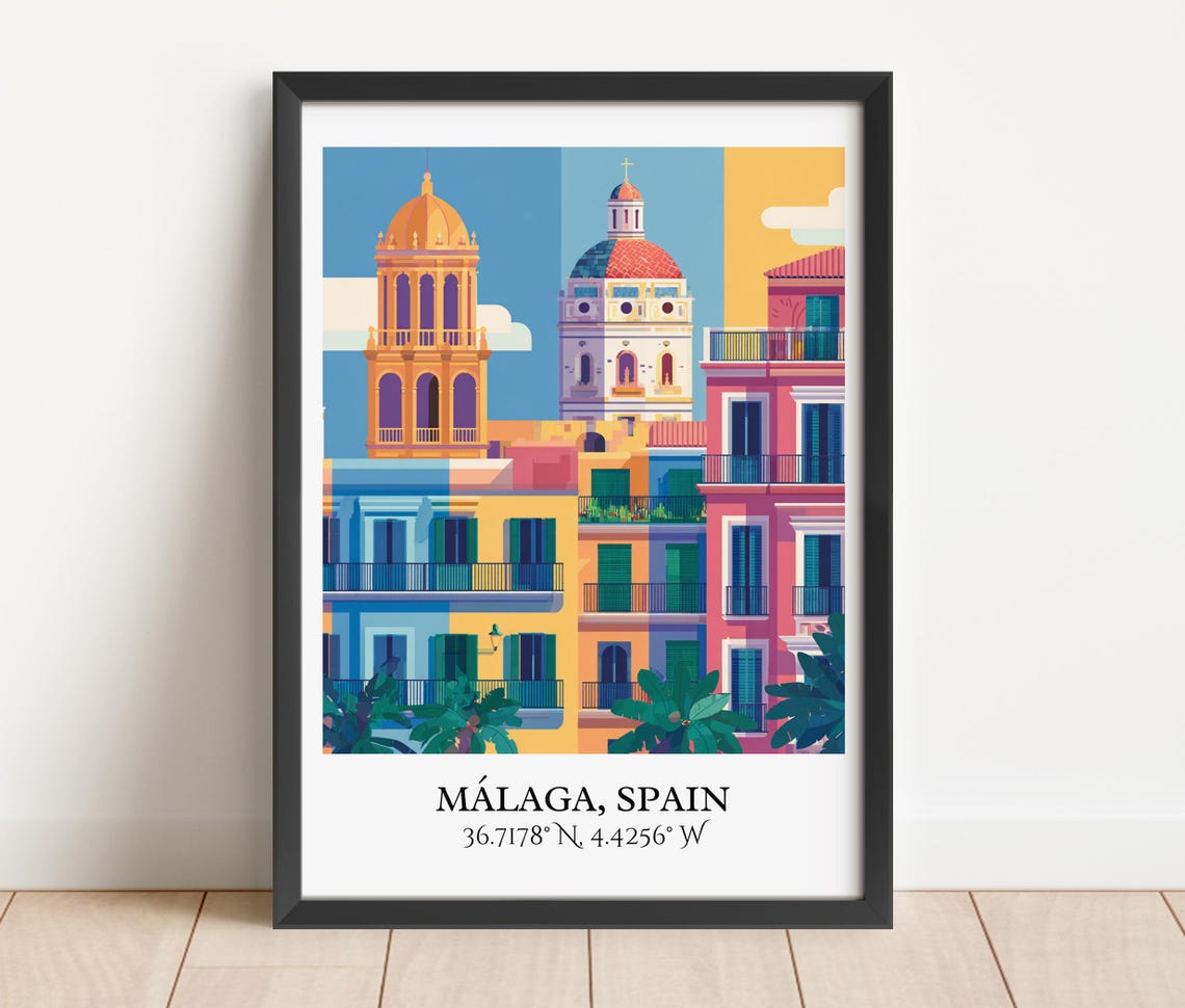 Malaga Spain Cathedral Towers Colorful Old Town Travel Poster