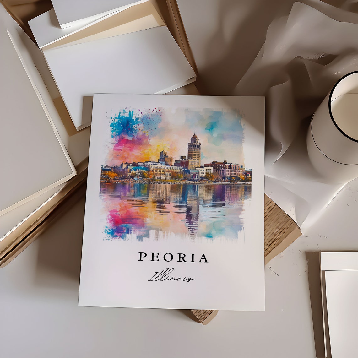 Peoria Illinois Riverfront Sunset Skyline Watercolor Travel Poster - Image 6