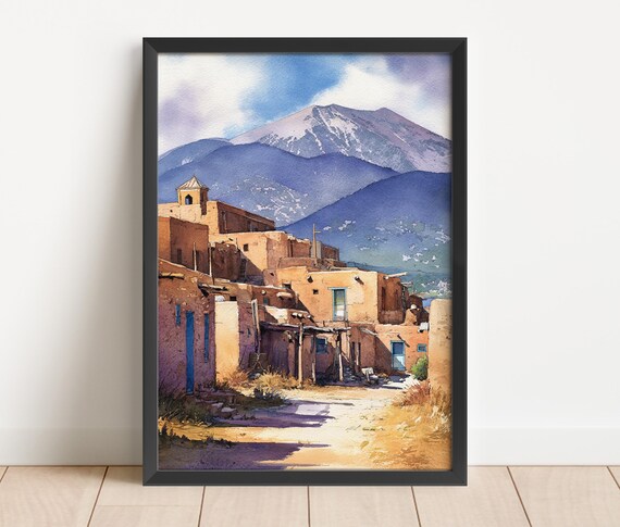 Taos New Mexico Adobe Pueblo Watercolor Desert Mountain Town Poster