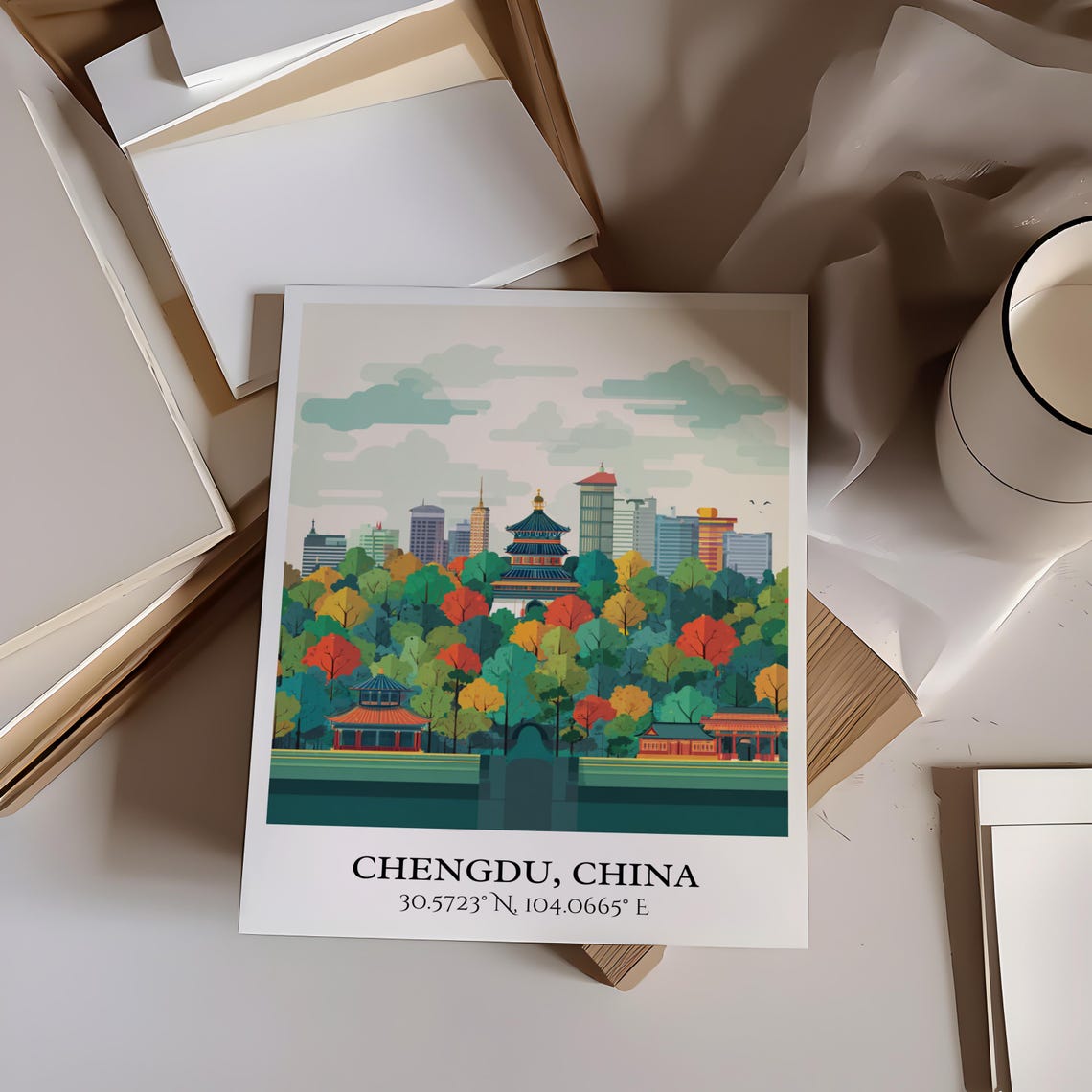 Chengdu China Temple Park Autumn Trees Skyline Travel Poster - Image 4