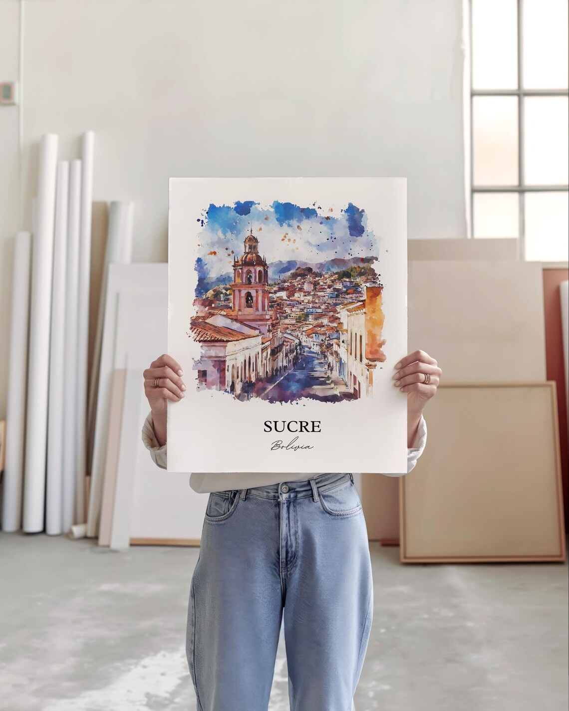 Sucre Bolivia Watercolor Colonial Street Church Tower Travel Poster - Image 3
