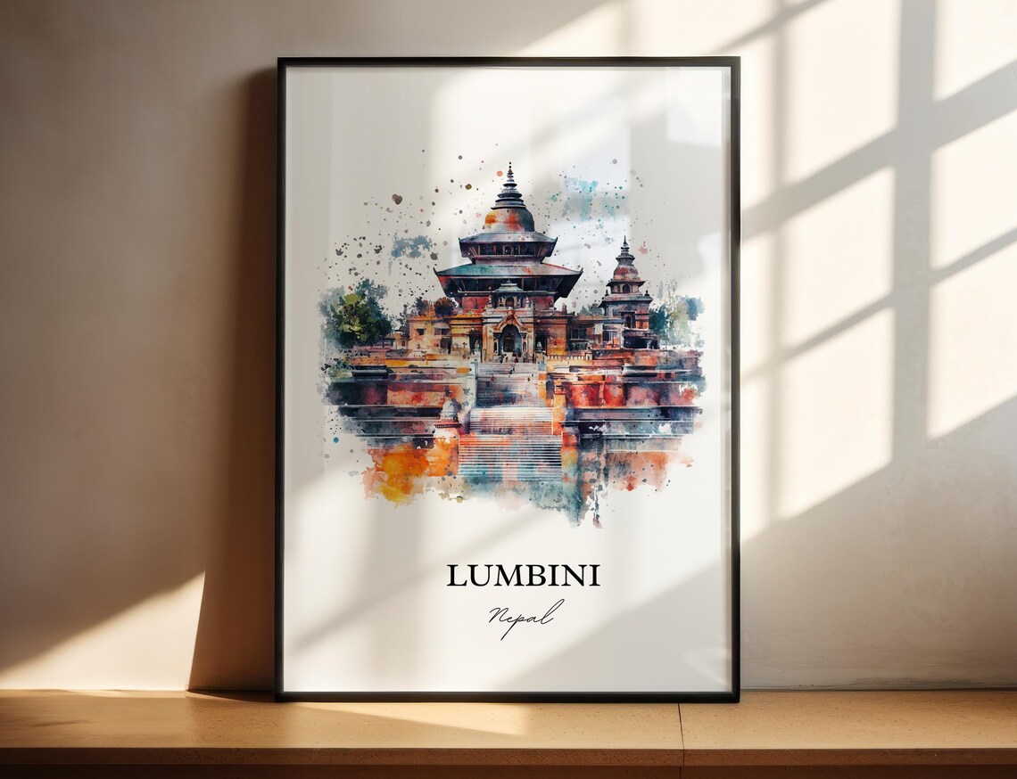 Lumbini Nepal Watercolor Sacred Pilgrimage Temples Travel Poster