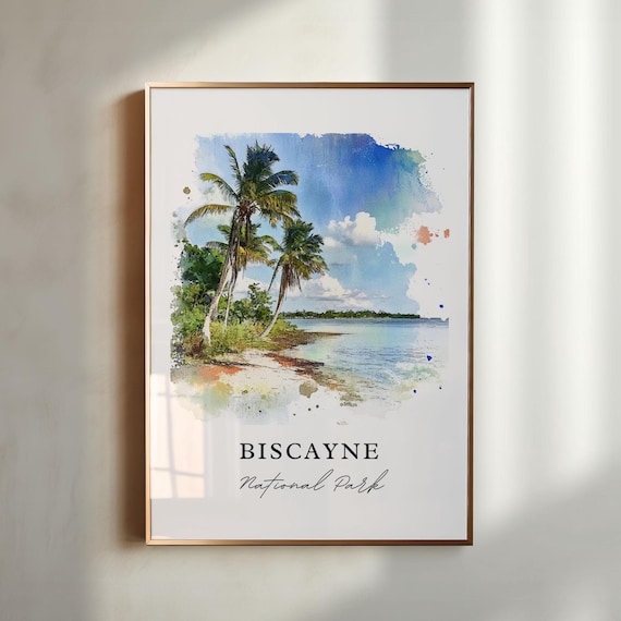 Biscayne National Park Palm Shore Watercolor Tropical Seascape Poster
