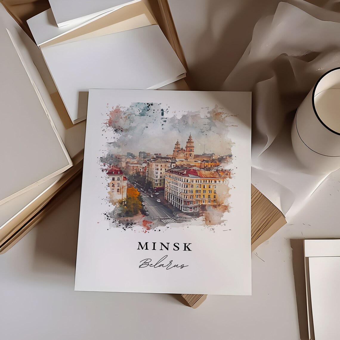 Minsk Belarus Historic City Skyline Streetscape Watercolor Poster - Image 6