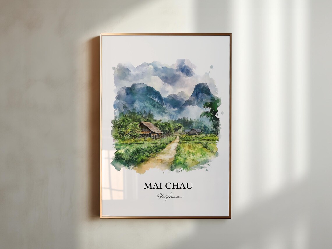 Mai Chau Vietnam Watercolor Art Valley Stilt Houses Fields Poster - Image 4