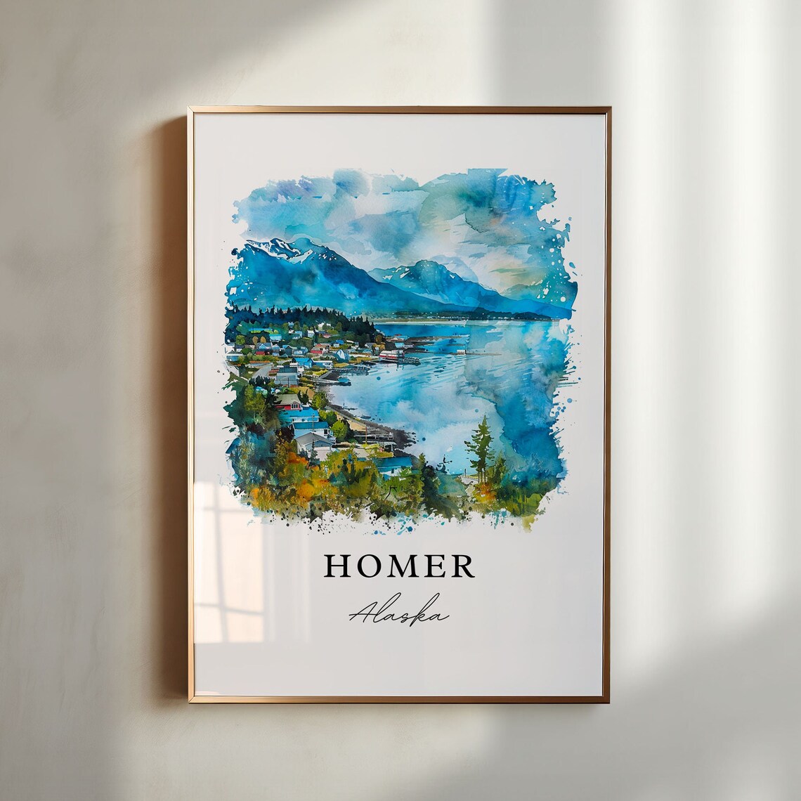 Homer Alaska Watercolor Fishing Village Mountain Bay Art Print