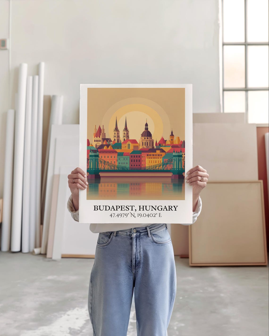 Budapest Hungary Warm Sunset Skyline Flat Illustration Poster - Image 3