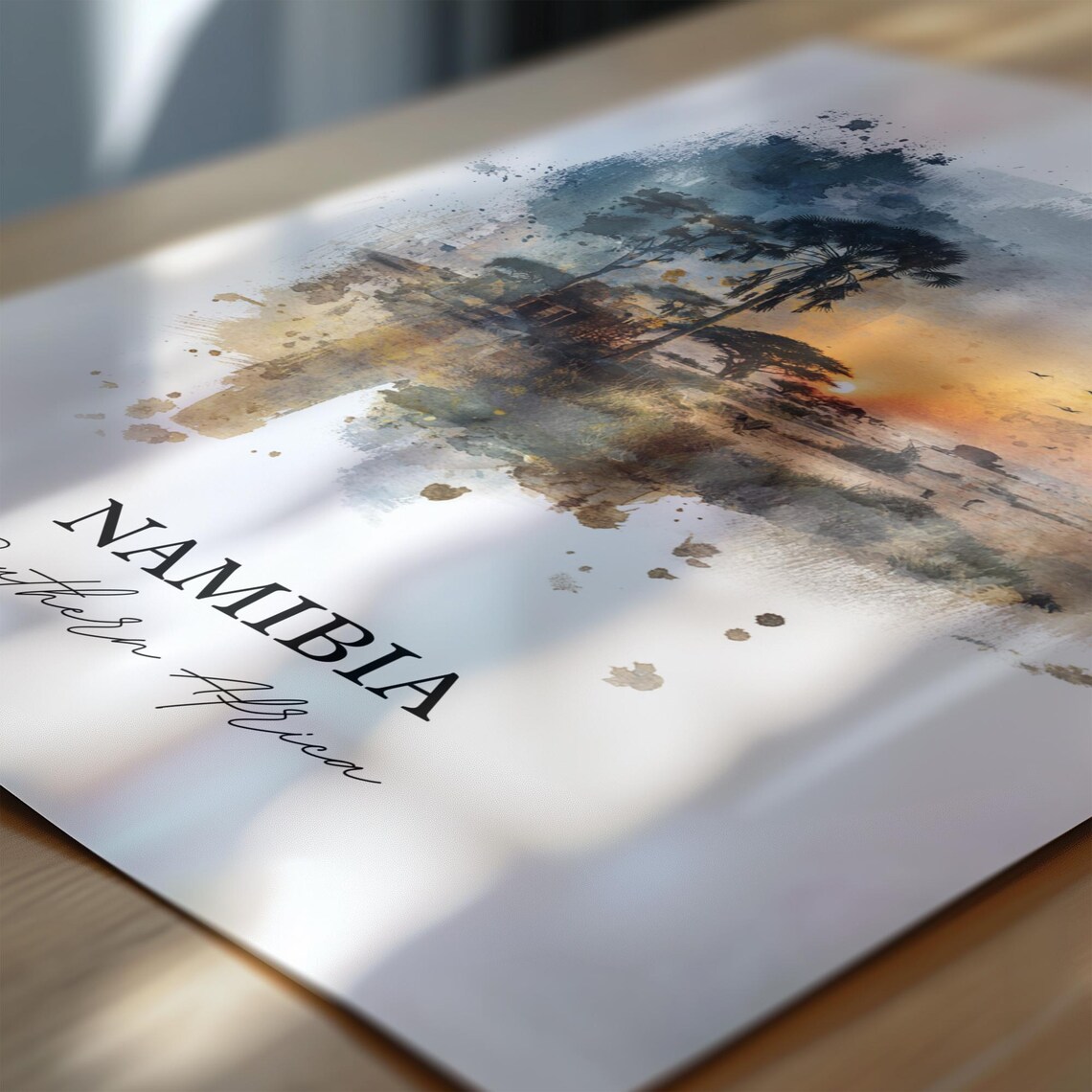 Namibia Southern Africa Savanna Sunset Scene Watercolor Poster - Image 6