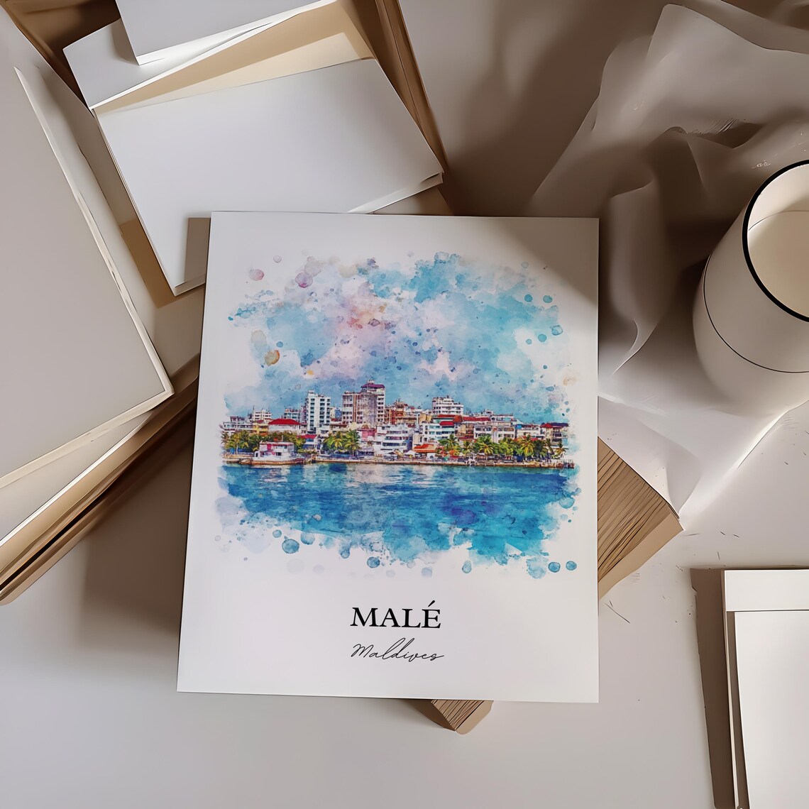 Malé Maldives Watercolor Tropical Island Capital Skyline Sea Poster - Image 3