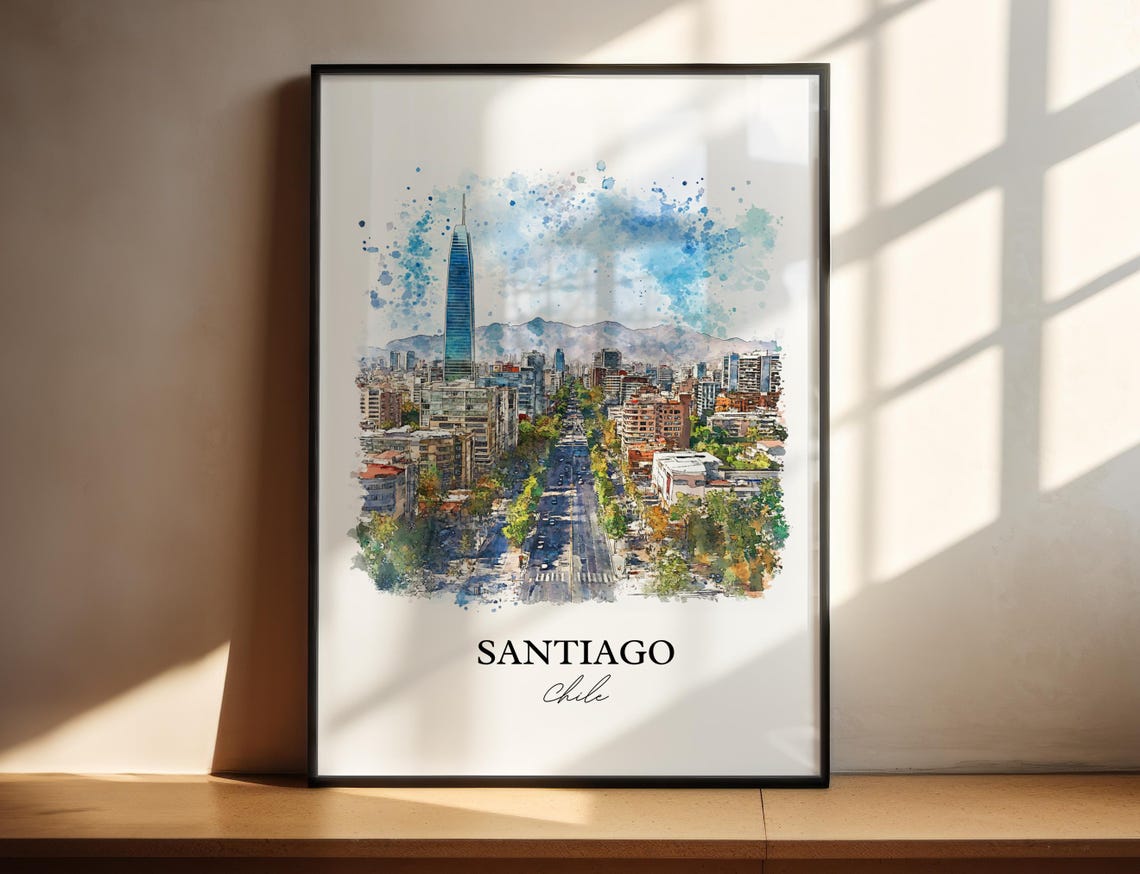 Santiago Wall Art Print Chile Watercolor Gift Travel Poster Housewarming