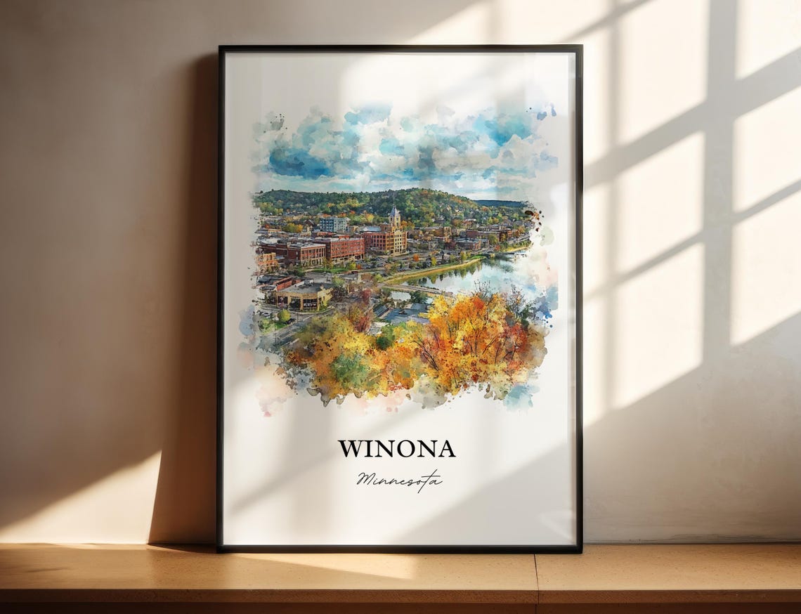 Winona Minnesota River Town Autumn Bluffs Watercolor Art Poster