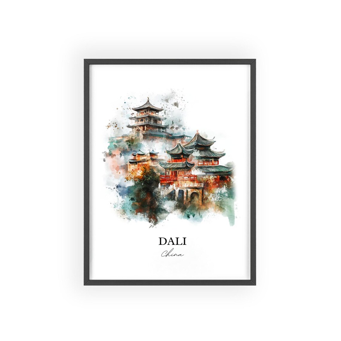Dali China Watercolor Temple Pagoda Autumn Colors Art Poster - Image 2