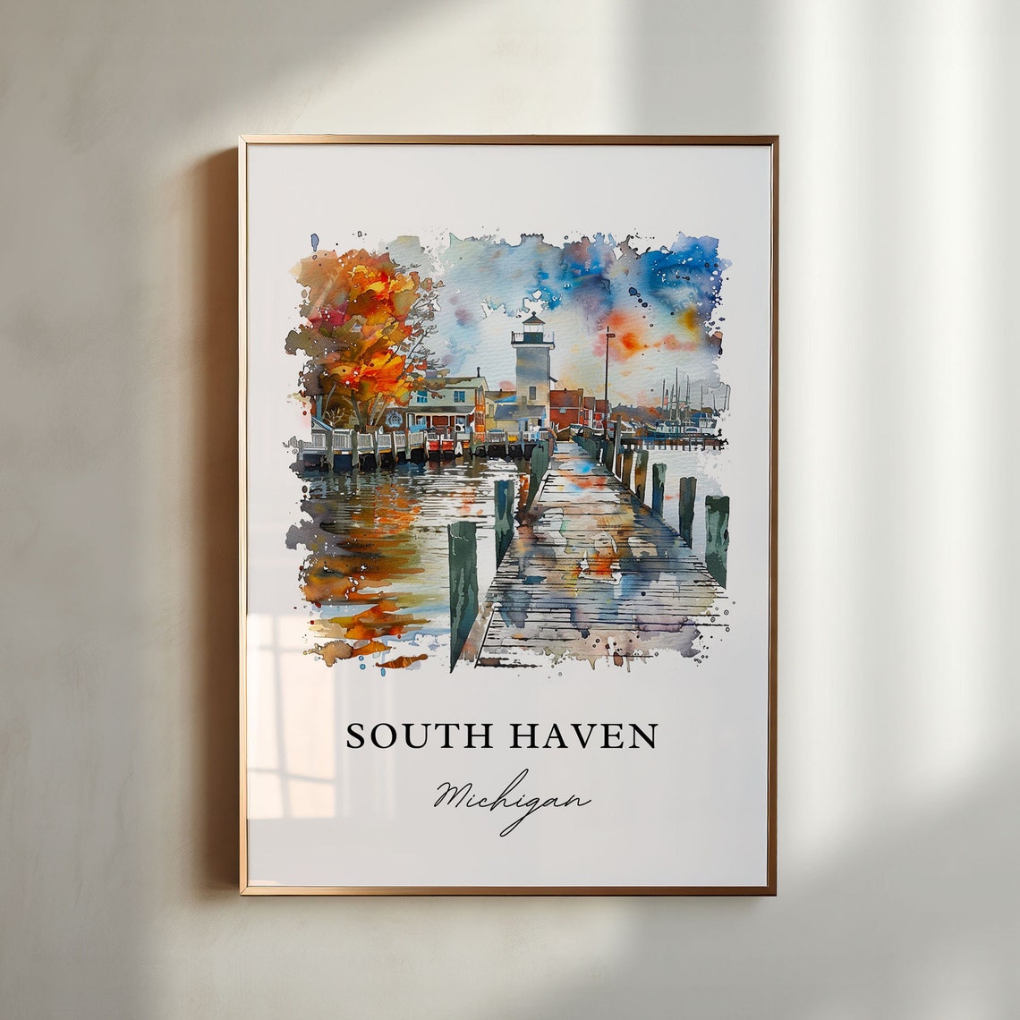 South Haven Michigan Lighthouse Pier Watercolor Harbor Poster