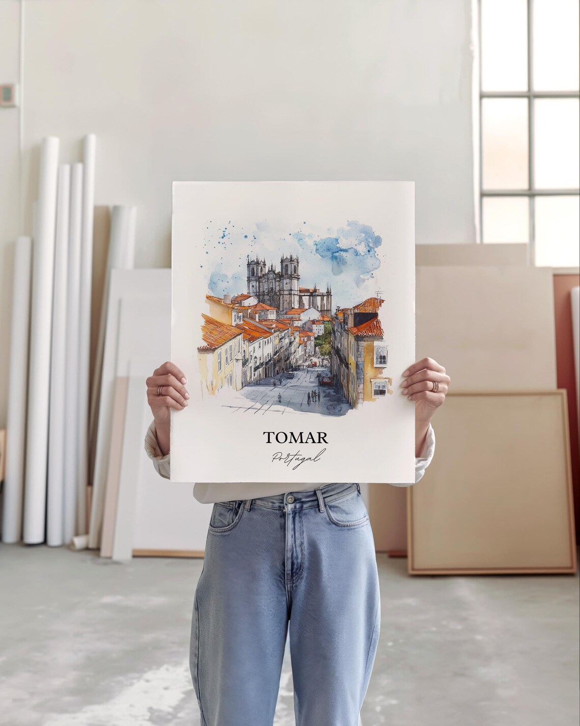 Tomar Portugal Watercolor Old Town Street Gothic Church Poster - Image 2