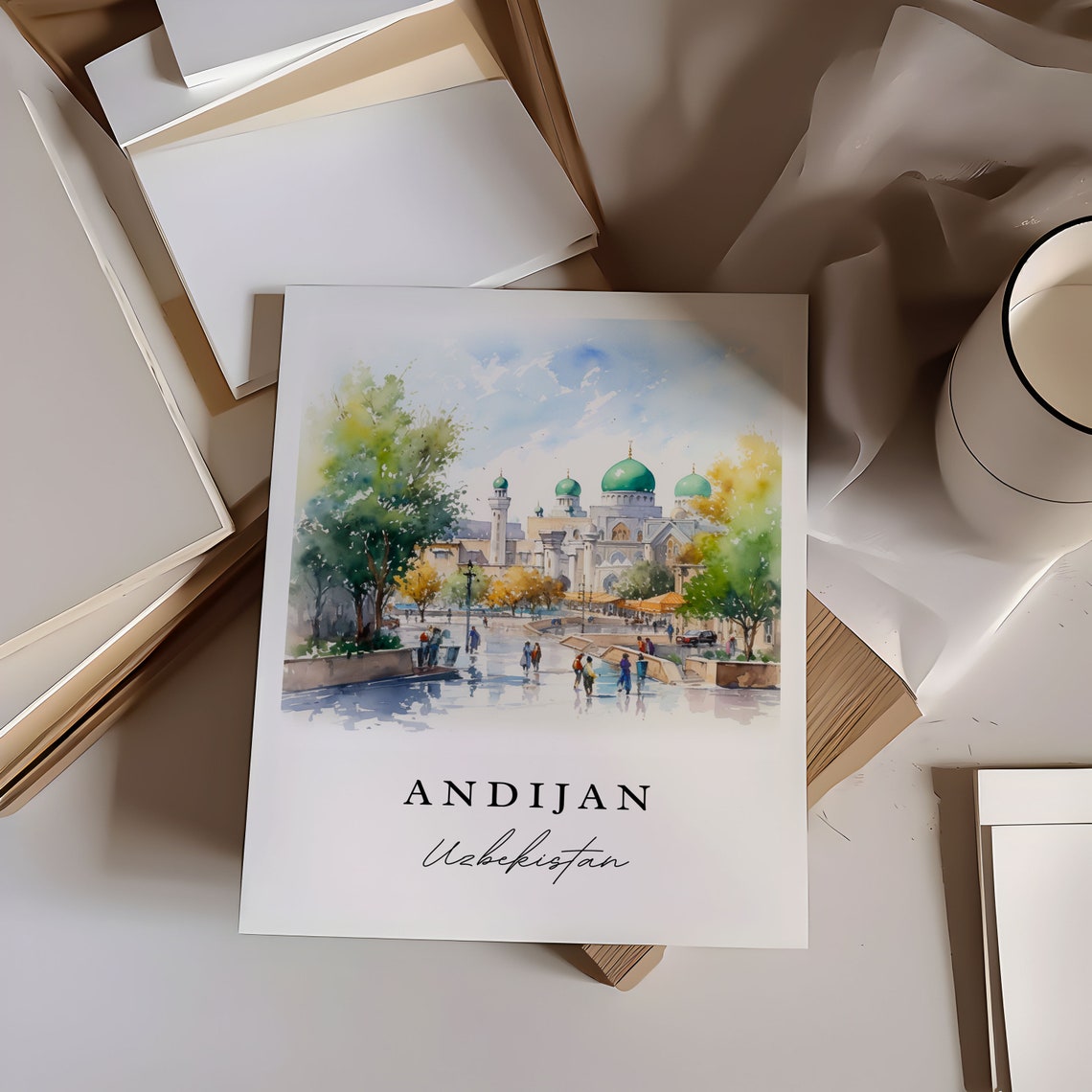 Andijan Uzbekistan Watercolor Green Domed Mosque Plaza Poster - Image 5