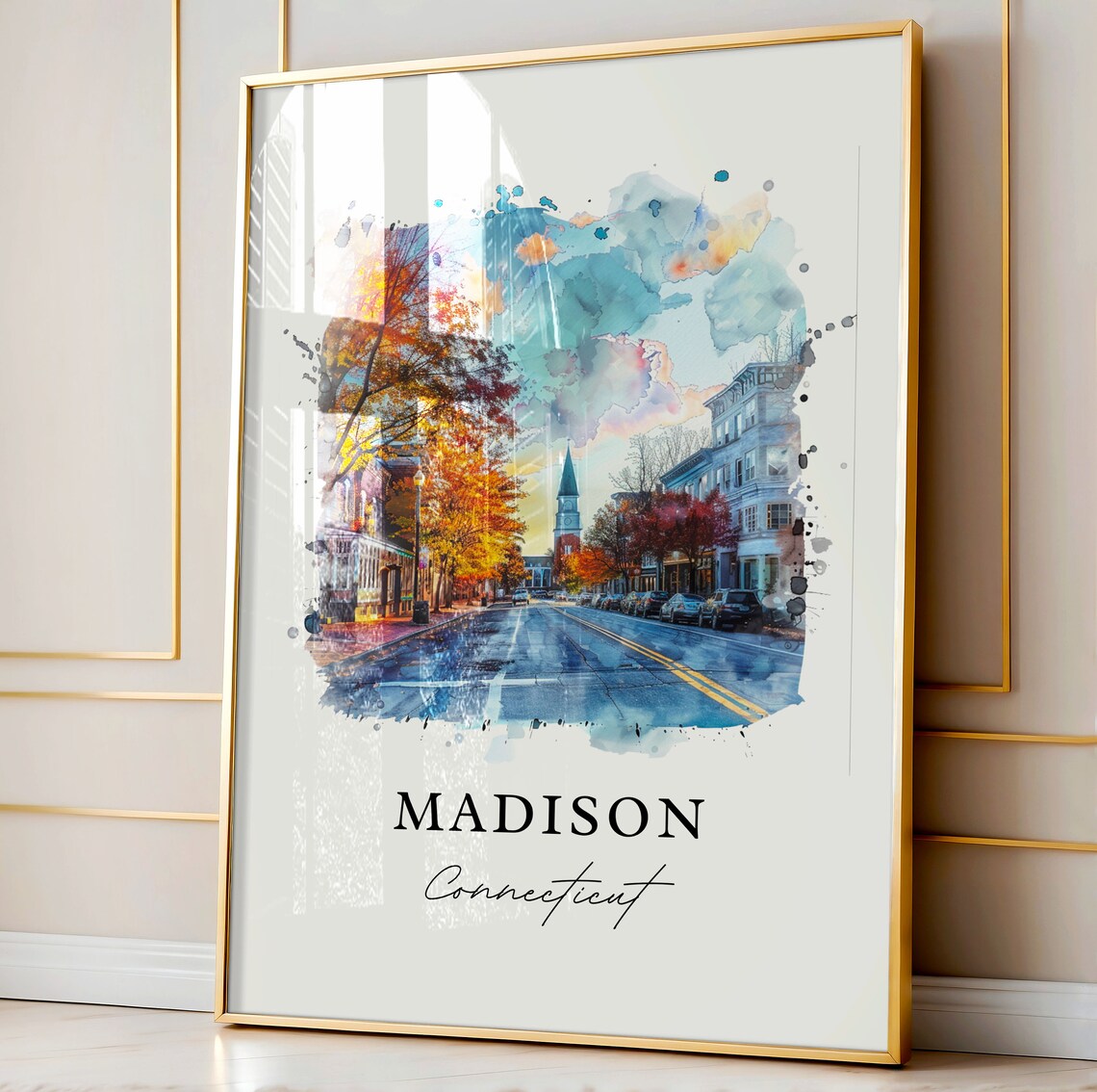 Madison Connecticut Watercolor Autumn Main Street Scene Poster - Image 4
