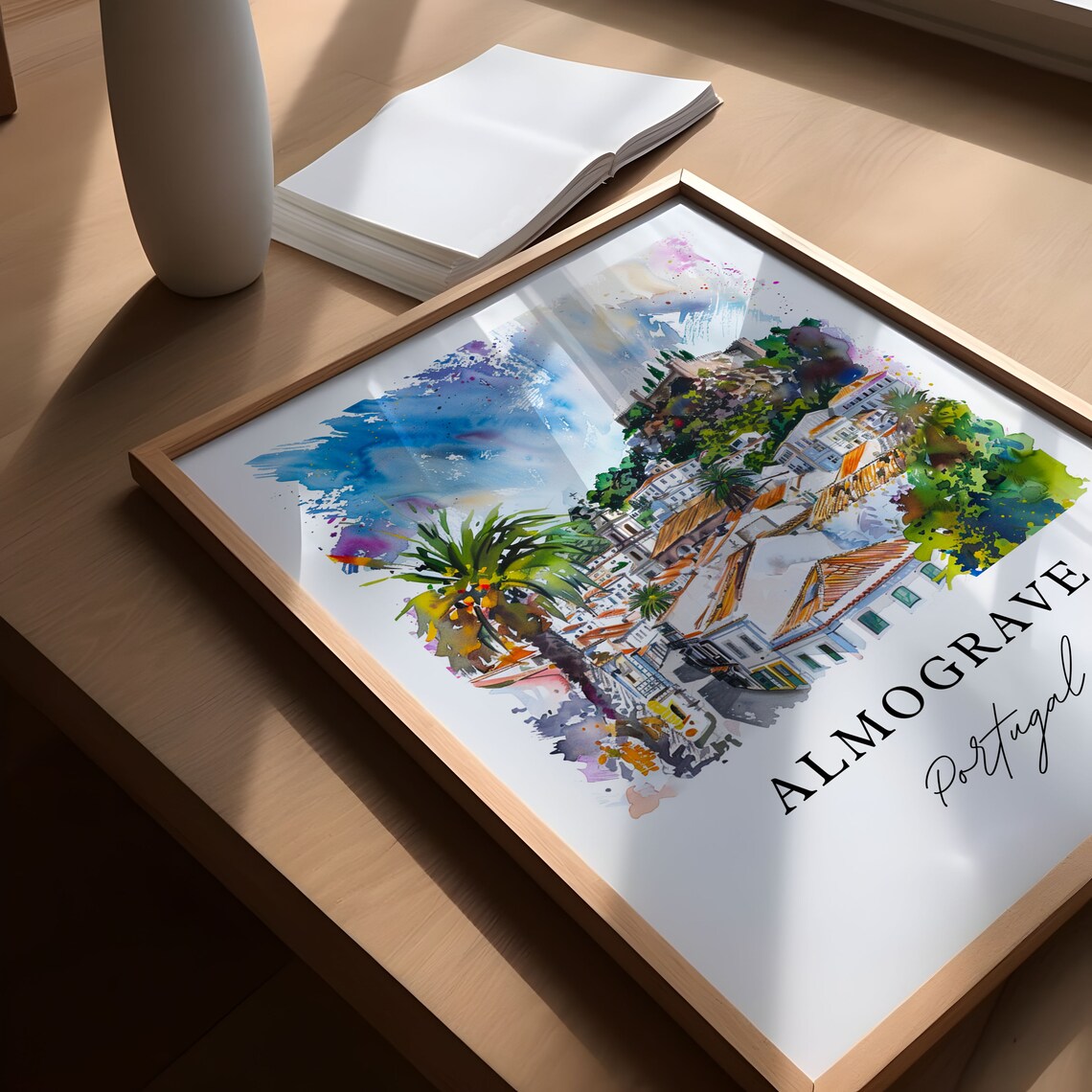 Almograve Portugal Whitewashed Village Watercolor Travel Wall Art - Image 5