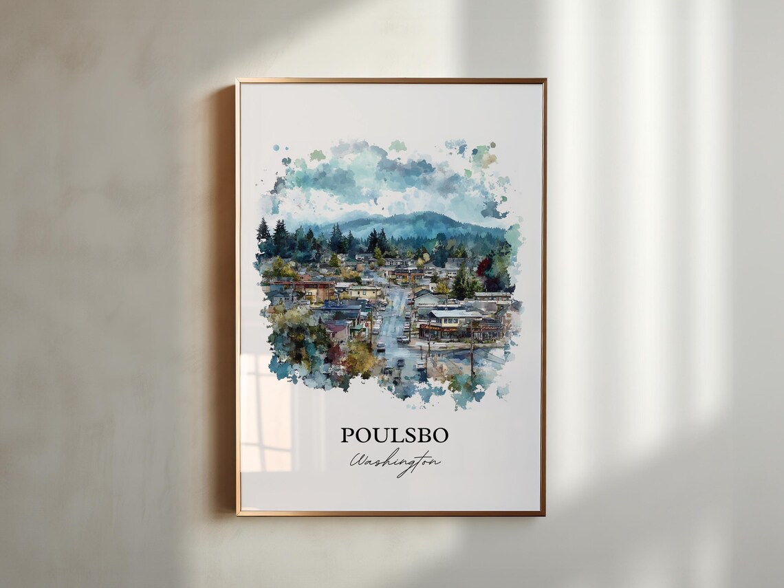 Poulsbo Washington Evergreen Town Aerial Watercolor Travel Poster - Image 4