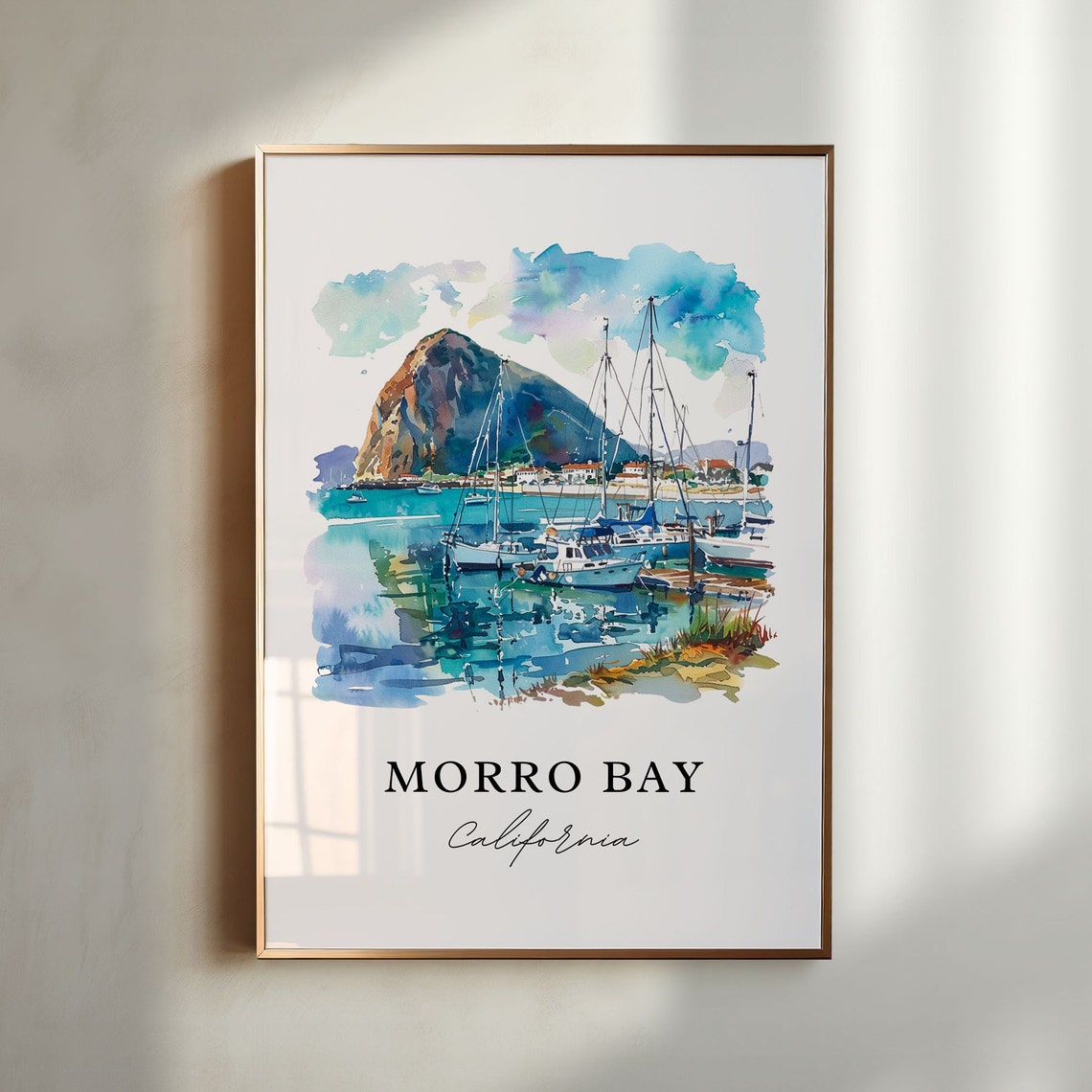 Morro Bay California Sailboats Watercolor Harbor Rock Poster