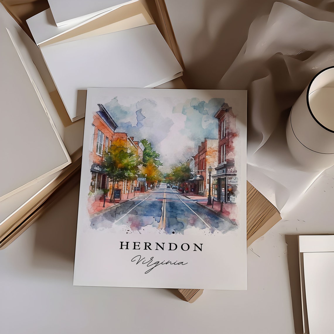Herndon Virginia Historic Brick Downtown Street Watercolor Poster - Image 5