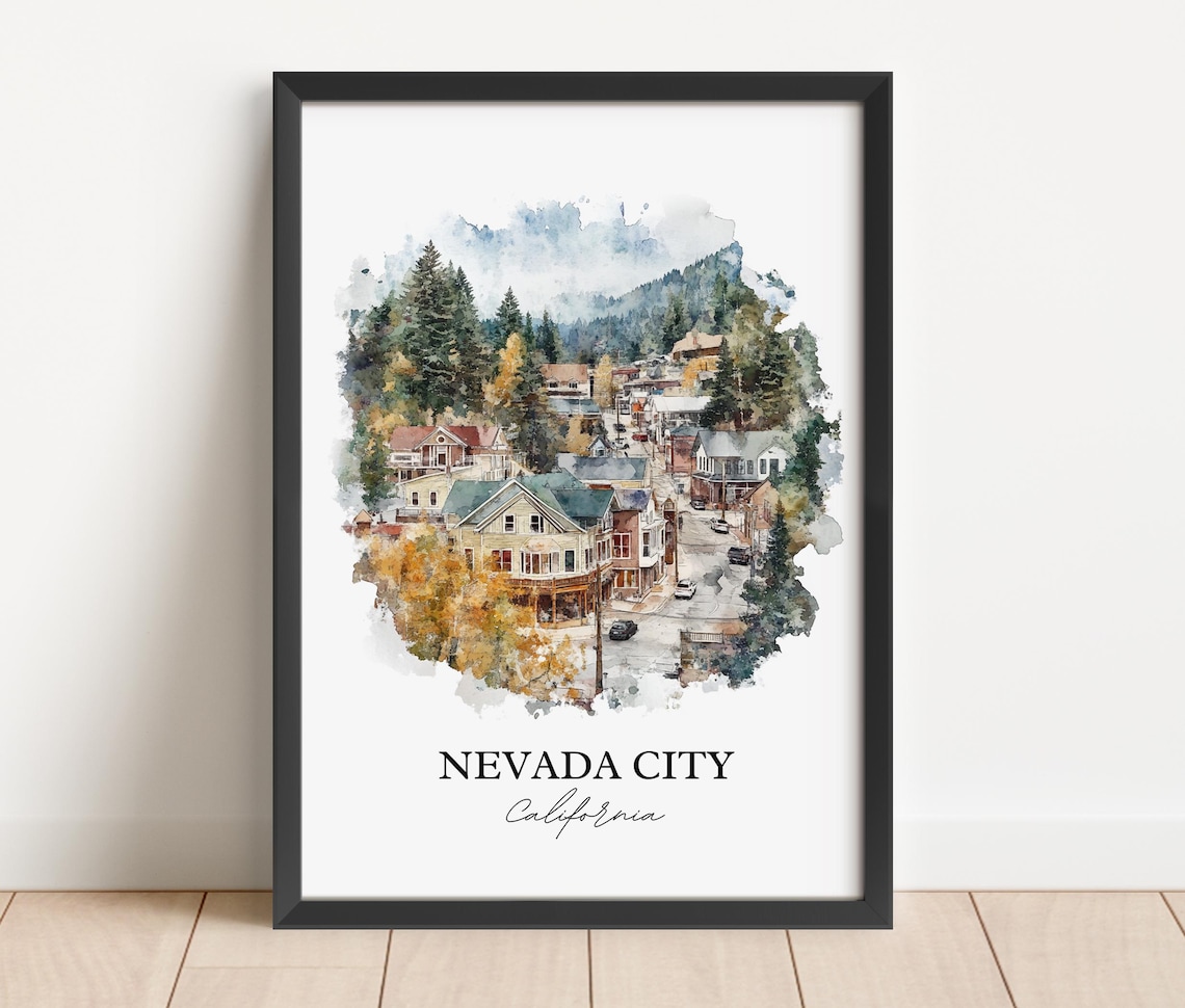 Nevada City California Historic Hillside Town Watercolor Gift Poster - Image 3