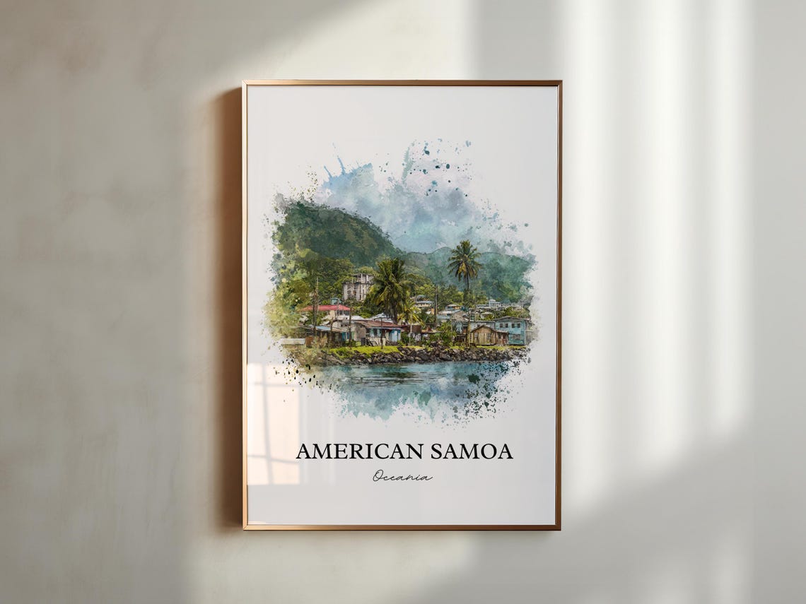 American Samoa Watercolor Coastal Village Ocean Travel Poster - Image 5