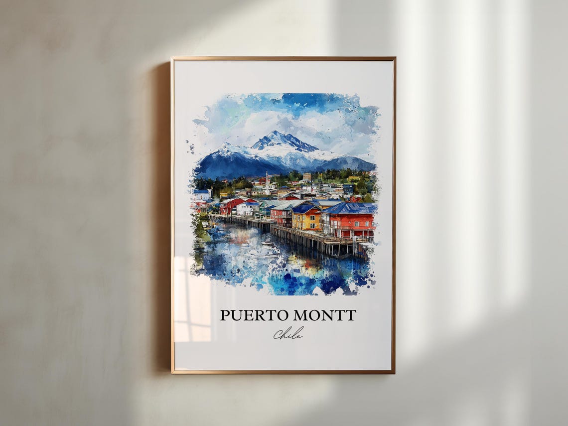 Puerto Montt Chile Watercolor Stilt Houses Snow Mountain Poster - Image 3