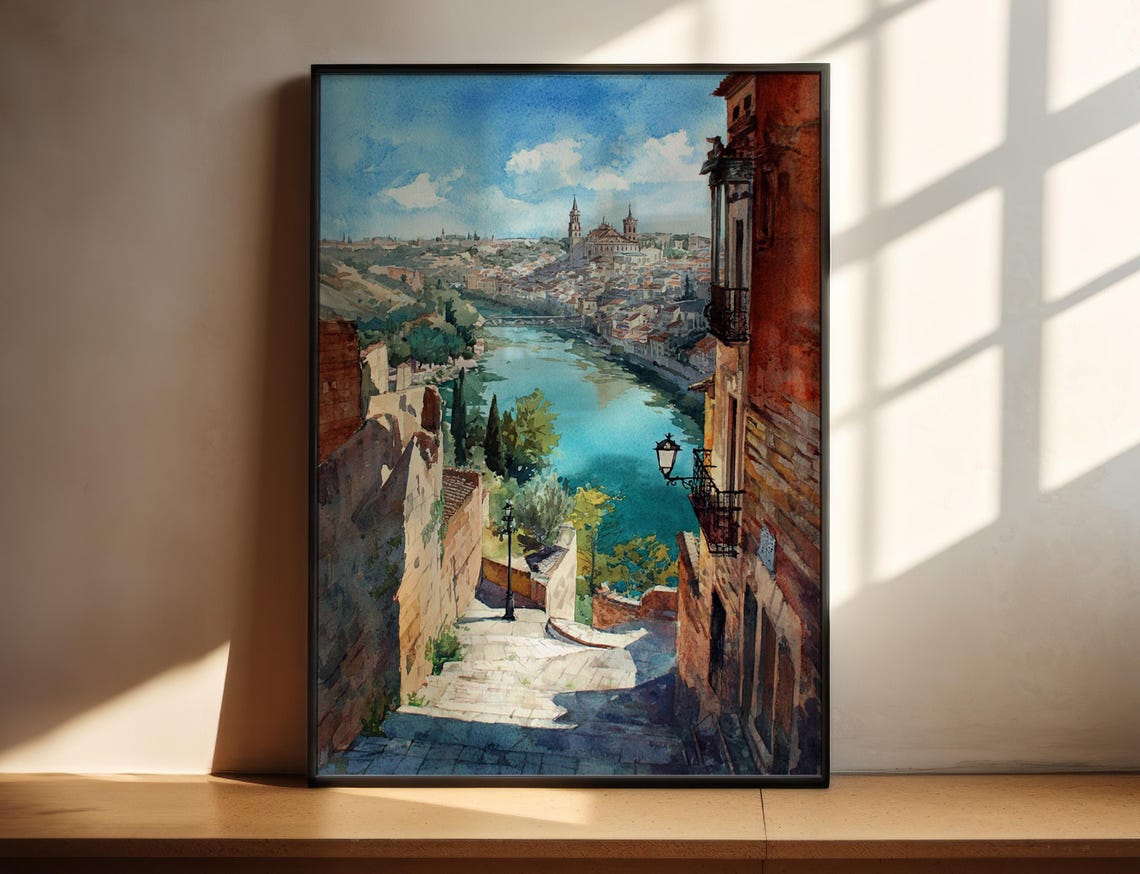 Toledo Spain Riverside Watercolor Old Town River View Poster