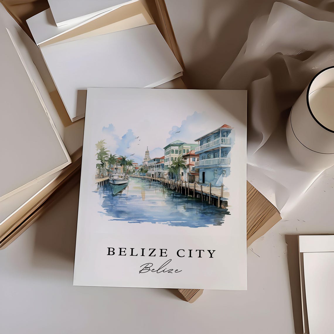 Belize City Belize Waterfront Canal Boats Watercolor Travel Poster - Image 6