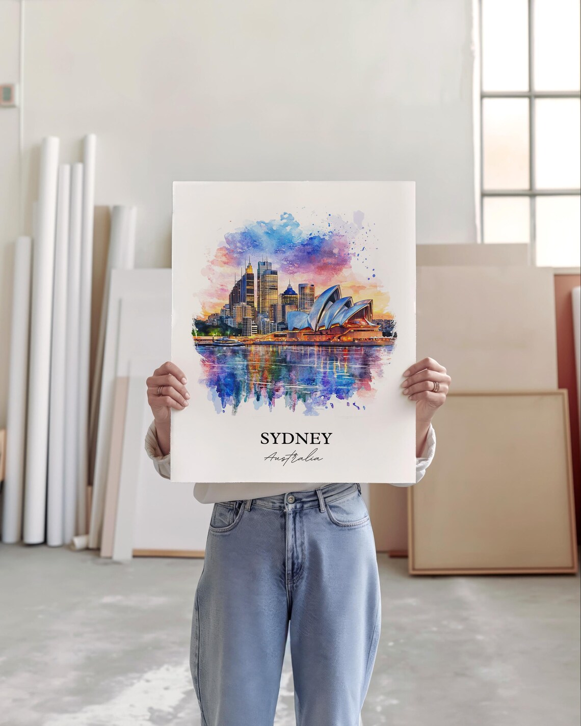 Sydney Australia Opera House Harbor Sunset Watercolor Art Poster - Image 3