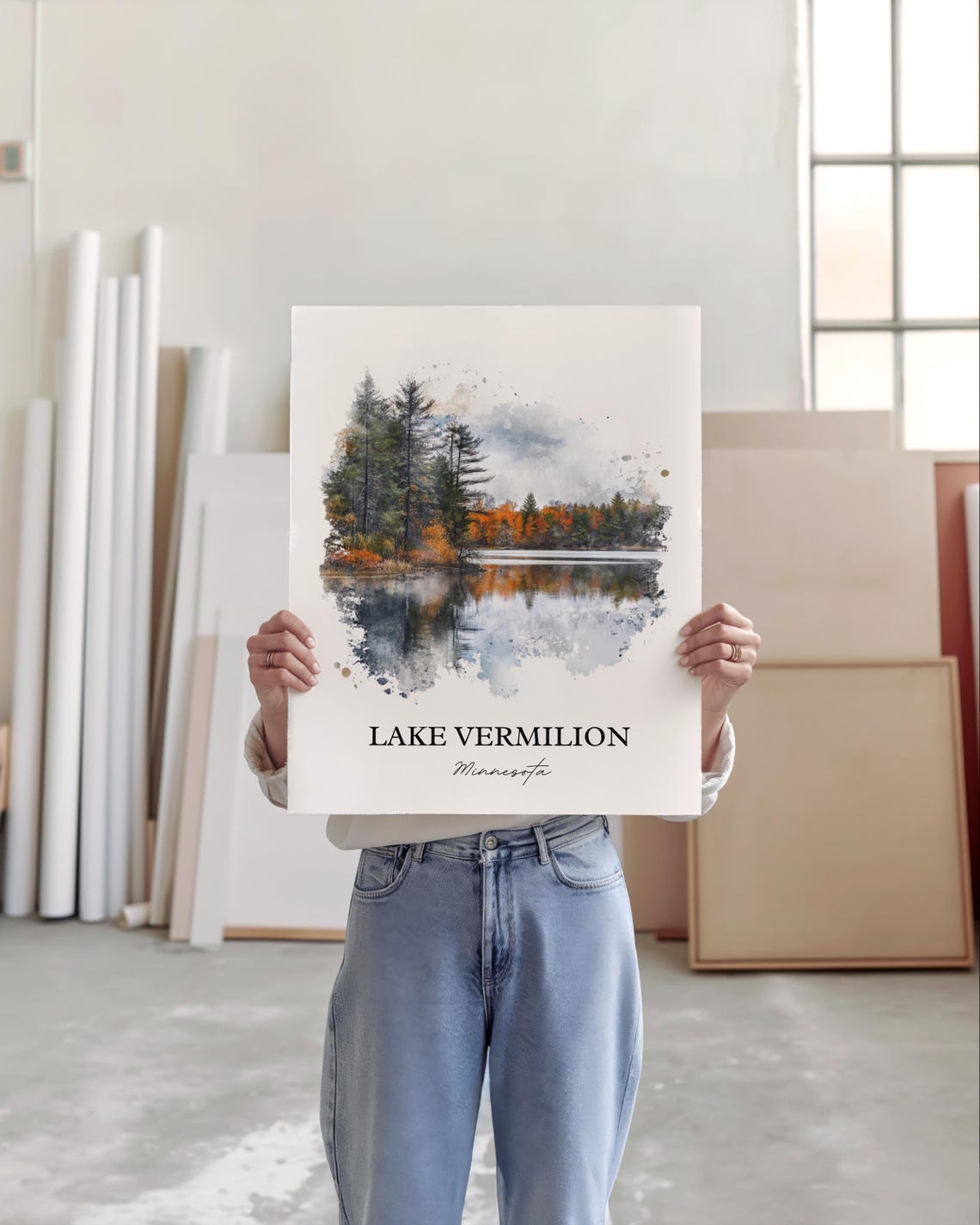 Lake Vermilion Minnesota Misty Autumn Pine Reflection Poster - Image 4