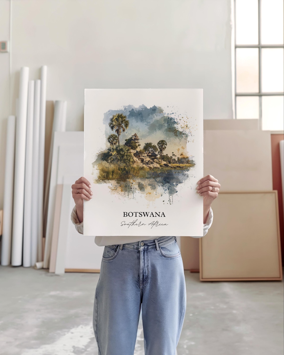 Botswana Southern Africa Riverside Lodge Watercolor Travel Poster - Image 3