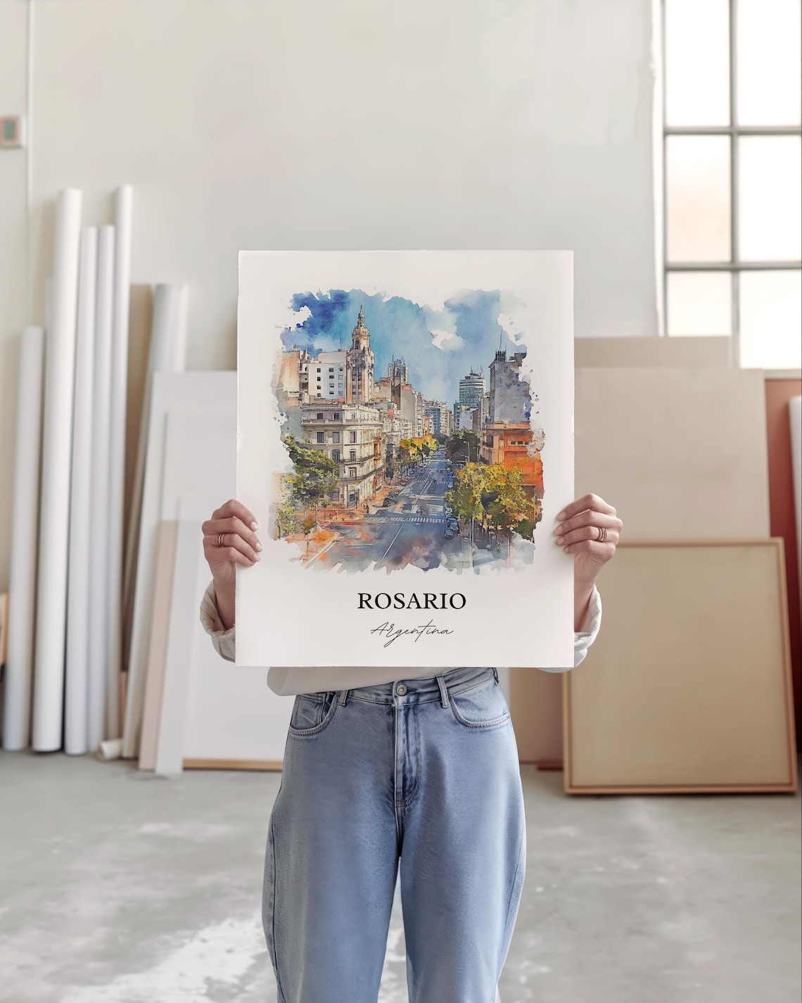 Rosario Argentina Watercolor City Street Clock Tower Avenue Poster - Image 4