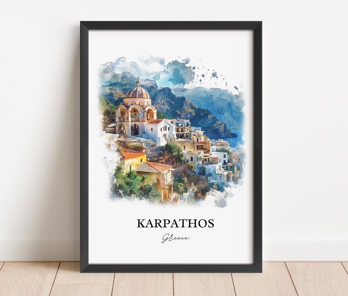 Karpathos Greece Island Church Village Watercolor Travel Poster - Image 2