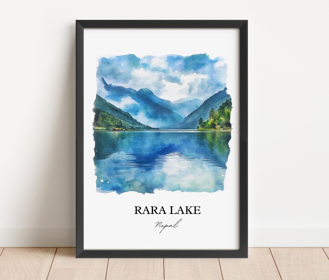 Rara Lake Nepal Watercolor Mountain Lake Reflection Travel Poster - Image 4