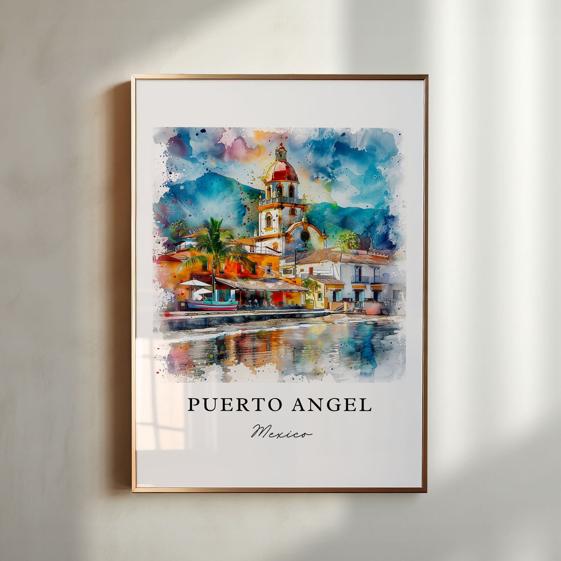 Puerto Angel Mexico Waterfront Red Dome Church Watercolor Poster