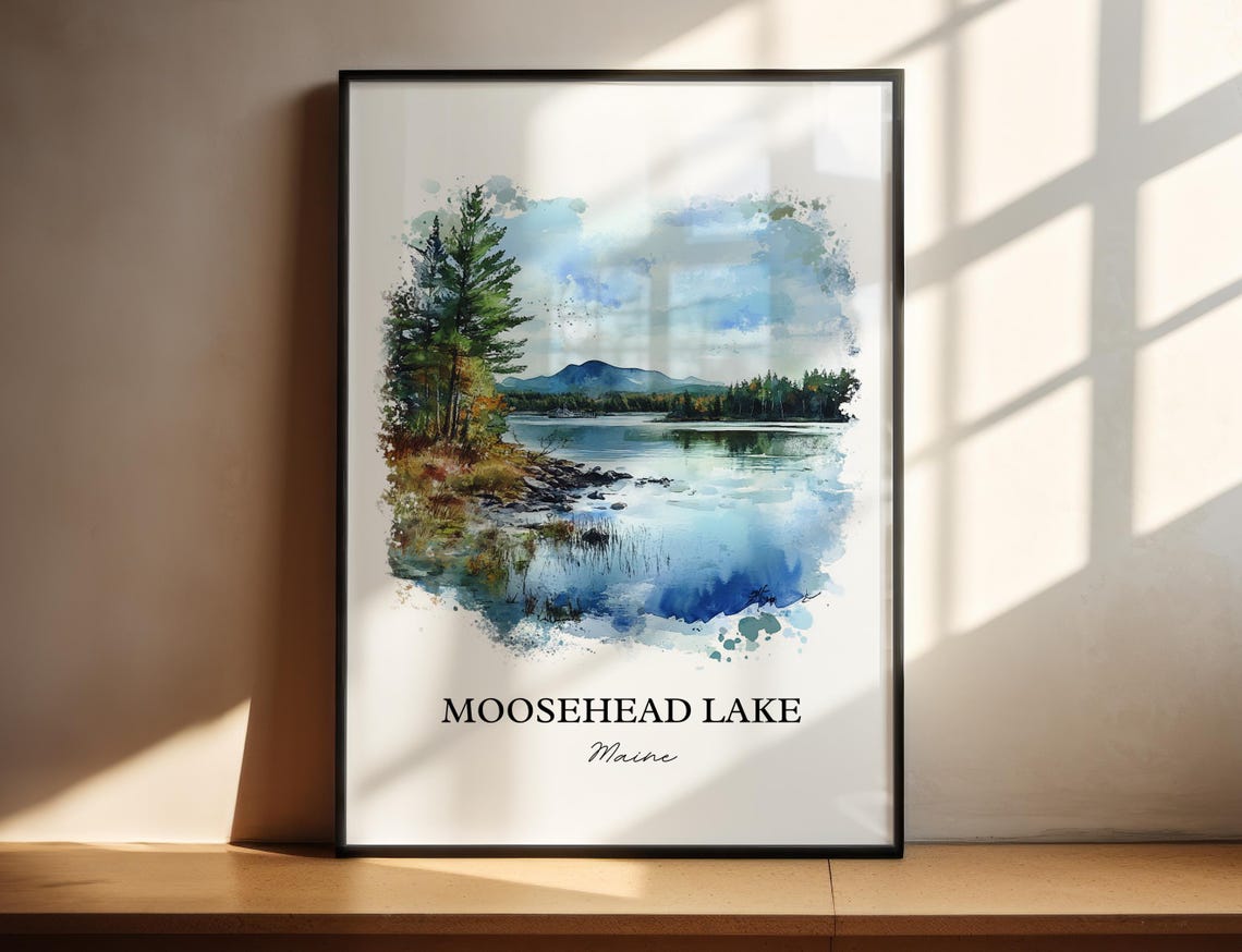 Moosehead Lake Maine Pine Shoreline Mountain Watercolor Poster