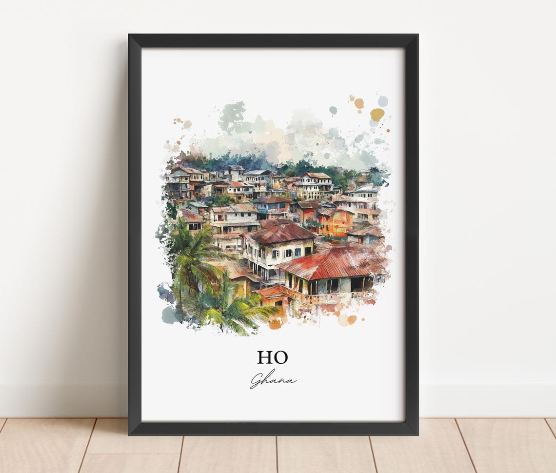 Ho Ghana Watercolor Cityscape African Town Hills View Poster - Image 3