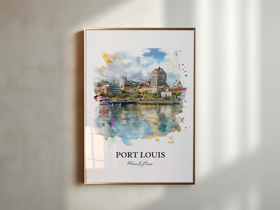 Port Louis Mauritius Harbor Skyline Waterfront Watercolor Poster - Image 4