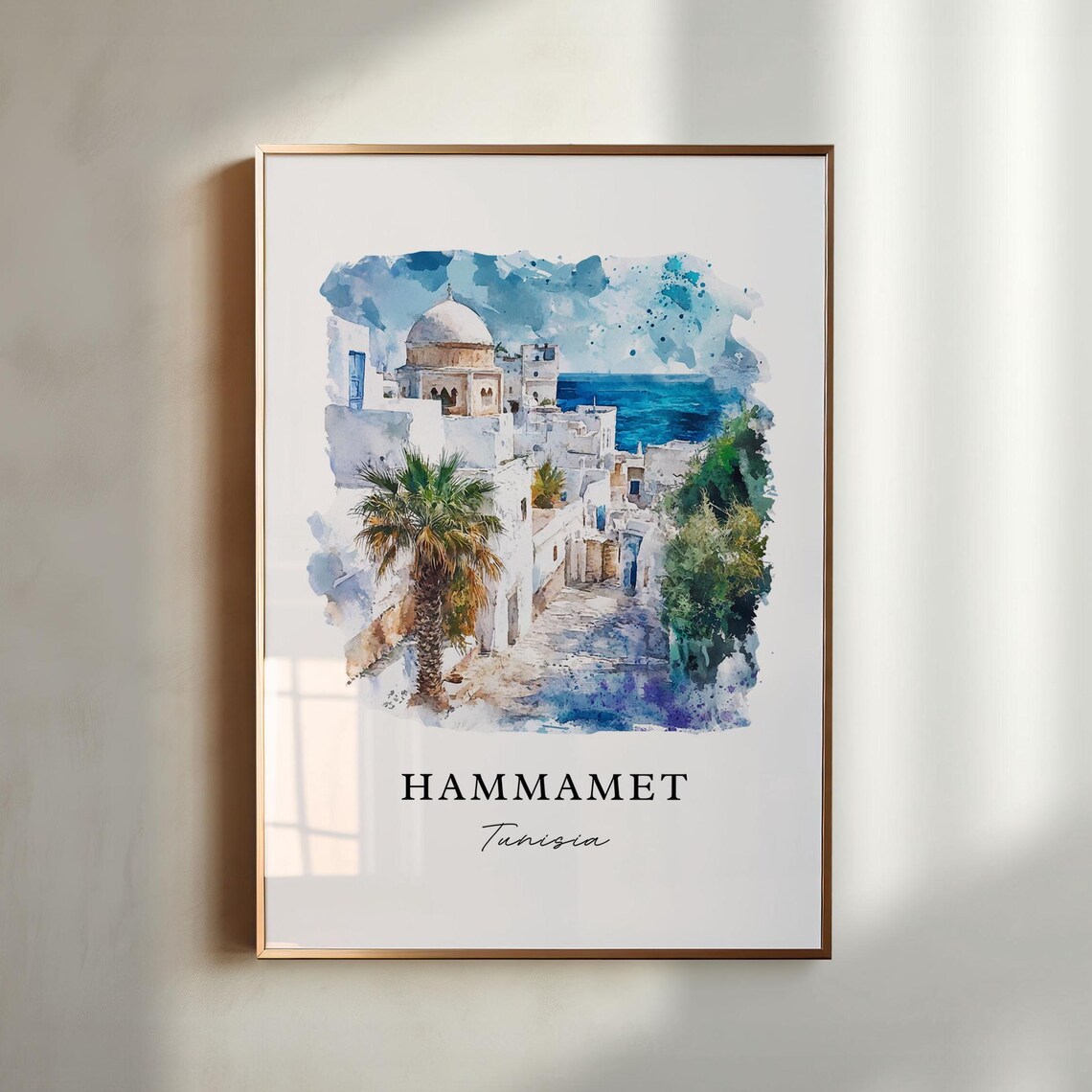 Hammamet Tunisia Watercolor Of White Medina And Palm By The Sea Poster
