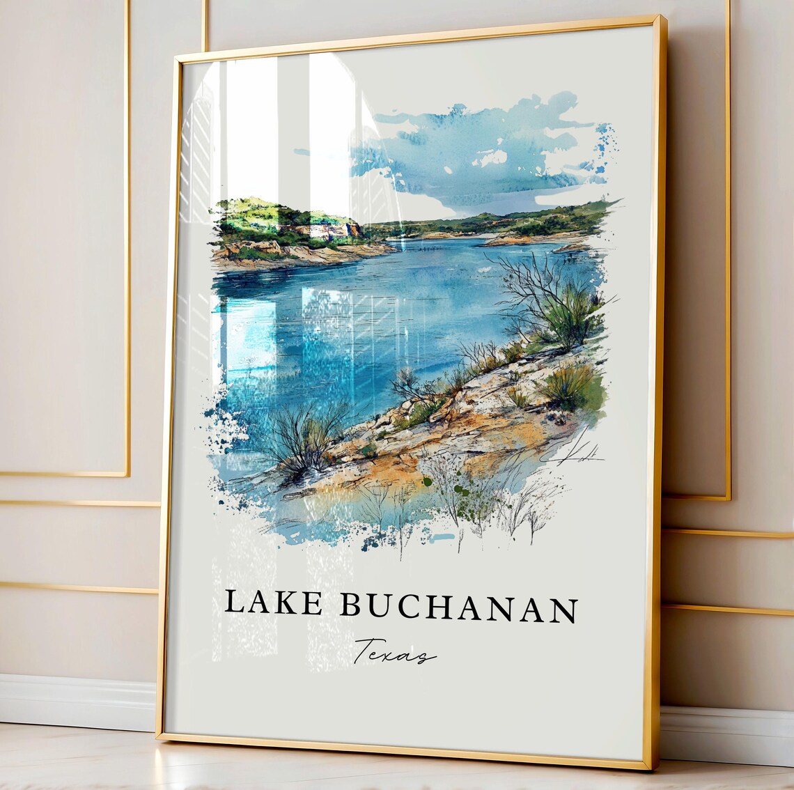 Lake Buchanan Texas Watercolor Rocky Lake Shore Scene Poster - Image 4