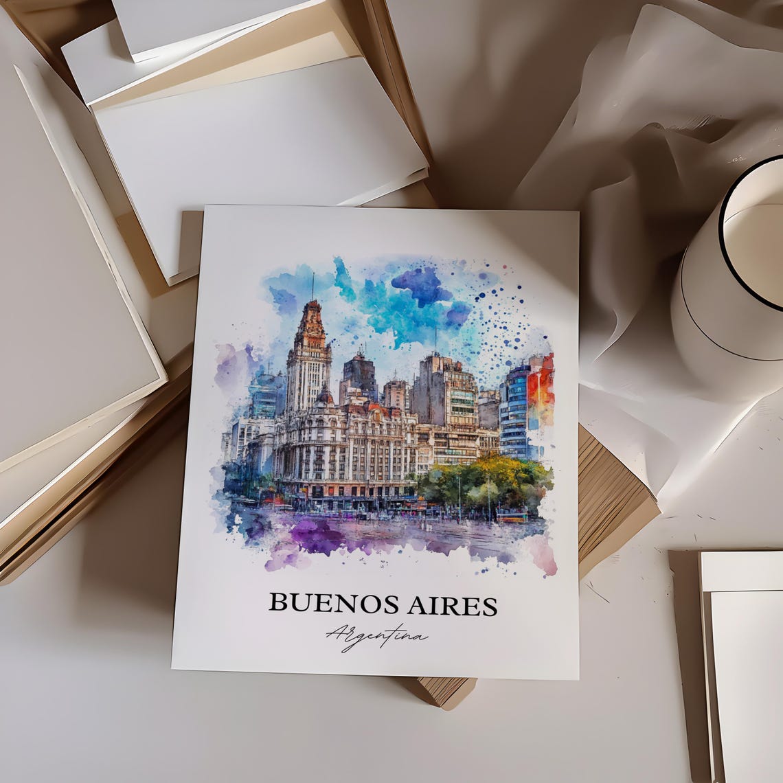 Buenos Aires Argentina Historic Avenue Skyline Watercolor Wall Art - Image 3