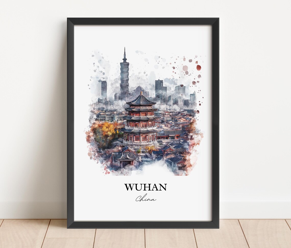 Wuhan China Yellow Crane Tower Skyline Watercolor Travel Poster - Image 3